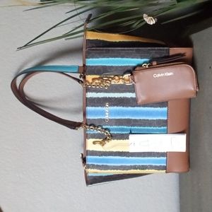 NEW Calvin Klein Multi Vertical Stripe Shoulder / Handbag w Attached Coin Purse.